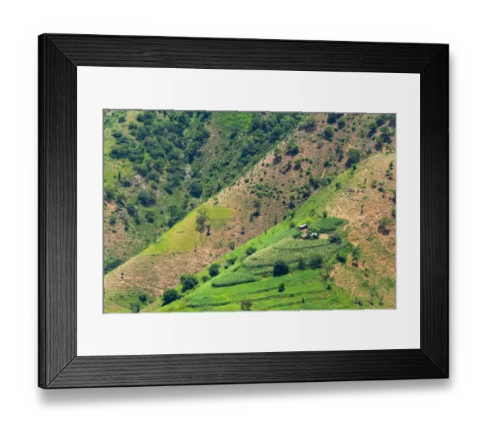 Framed Print : Village house and farmland on mountain slope, Simien Mountain, Ethiopia Framed Print : Village house and farmland on mountain slope, Simien Mountain, Ethiopia