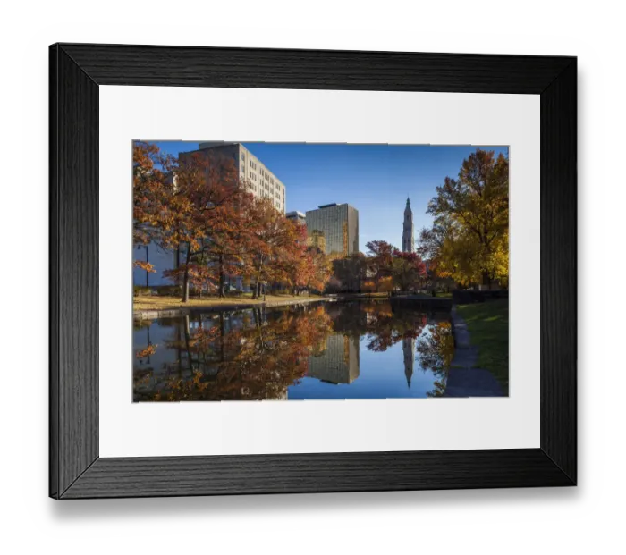 Framed Print : USA, Connecticut, Hartford, Bushnell Park, reflection of office buildings and Travelers Tower Framed Print : USA, Connecticut, Hartford, Bushnell Park, reflection of office buildings and Travelers Tower