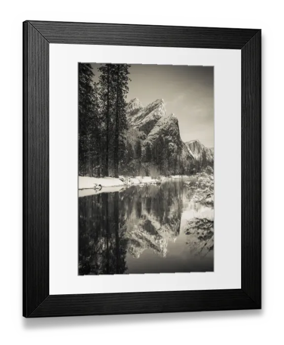 Framed Print : The Three Brothers above the Merced River in winter, Yosemite National Park, California Framed Print : The Three Brothers above the Merced River in winter, Yosemite National Park, California