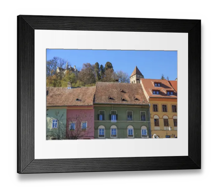 Framed Print : Europe, Transylvania, Romania, Mures County, Sighisoara, colorful residences along Framed Print : Europe, Transylvania, Romania, Mures County, Sighisoara, colorful residences along