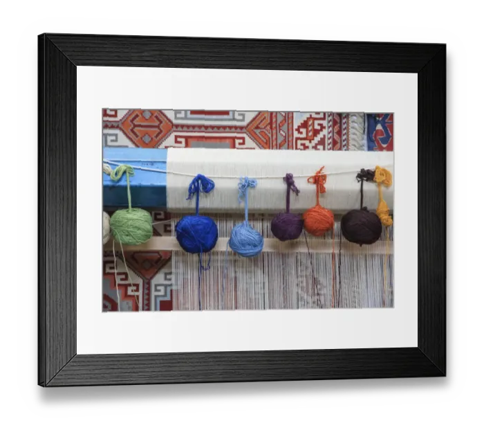 Framed Print : Turkey, Izmir Province, Selcuk, weaving loom, rug making, balls of wool or yarn Framed Print : Turkey, Izmir Province, Selcuk, weaving loom, rug making, balls of wool or yarn