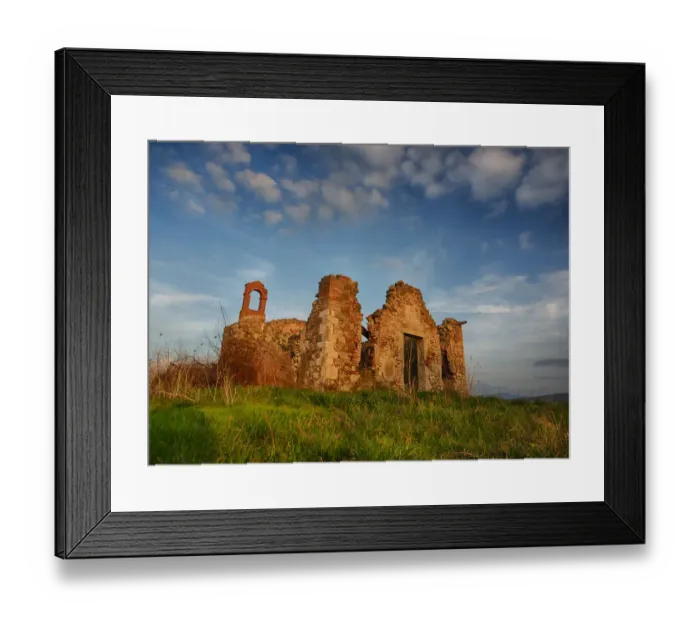 Framed Print : Europe; Italy; Val Di Orcia Tuscany; Old Church ruins with evening light