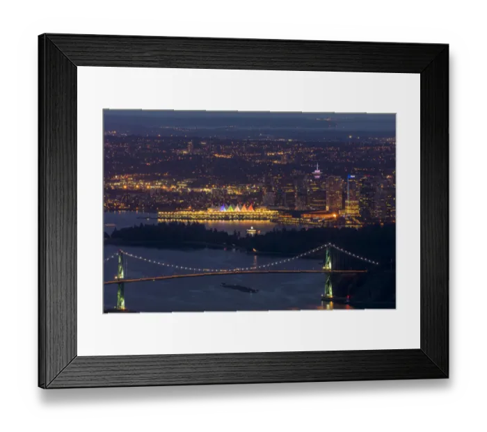 Framed Print : Dusk view of Lions Gate Bridge and Canada Center cityscape from Cypress Road in Vancouver Framed Print : Dusk view of Lions Gate Bridge and Canada Center cityscape from Cypress Road in Vancouver