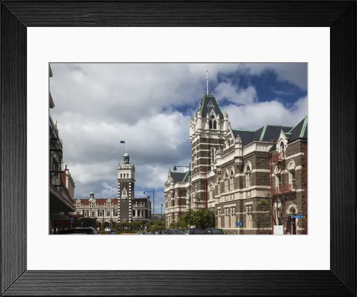 Framed Print : New Zealand, South Island, Otago, Dunedin, Railway Station and Dunedin High Courts building Framed Print : New Zealand, South Island, Otago, Dunedin, Railway Station and Dunedin High Courts building