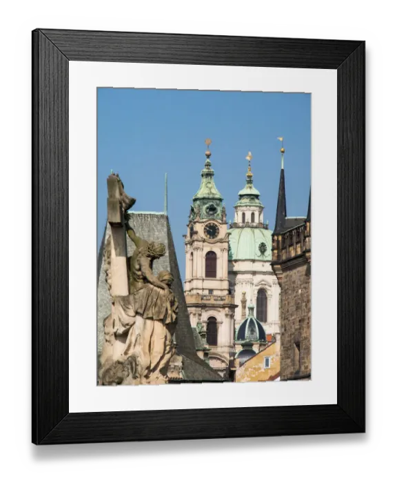 Framed Print : Europe, Czech Republic, Prague. Statue on the Charles bridge and the St. Nicholas church Framed Print : Europe, Czech Republic, Prague. Statue on the Charles bridge and the St. Nicholas church