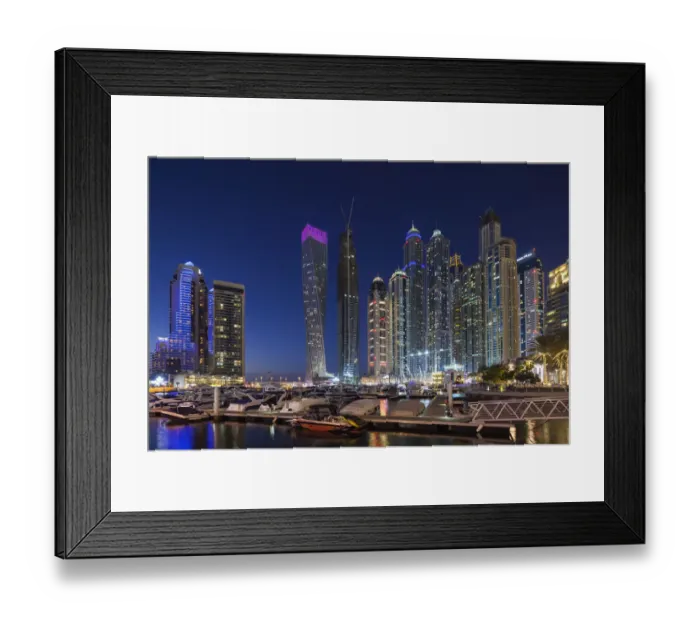 Framed Print : UAE, Dubai, Dubai Marina, high rise buildings including the twisted Cayan Tower, dusk Framed Print : UAE, Dubai, Dubai Marina, high rise buildings including the twisted Cayan Tower, dusk