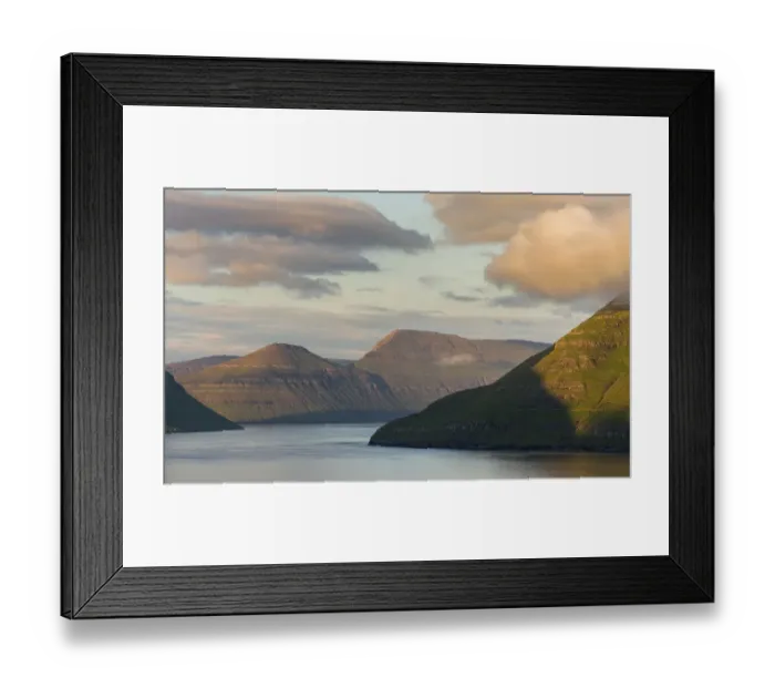 Framed Print : Fjord Fuglafjordur and Leirviksfjordur at sunset, in the background the mountains Framed Print : Fjord Fuglafjordur and Leirviksfjordur at sunset, in the background the mountains