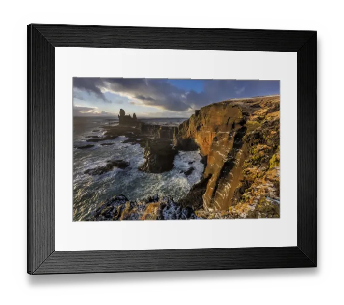 Framed Print : Dramatic cliffs at Londrangar sea stacks in the North Atlantic ocean on the Snaefellsnes Framed Print : Dramatic cliffs at Londrangar sea stacks in the North Atlantic ocean on the Snaefellsnes