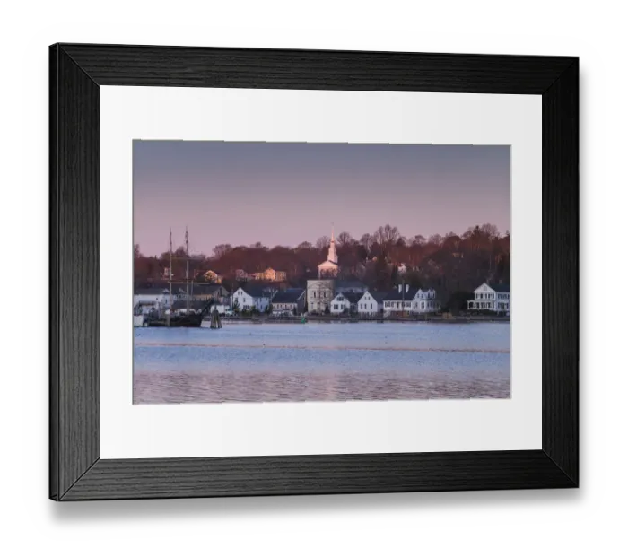 Framed Print : USA, Connecticut, Mystic, houses along Mystic River at dawn Framed Print : USA, Connecticut, Mystic, houses along Mystic River at dawn