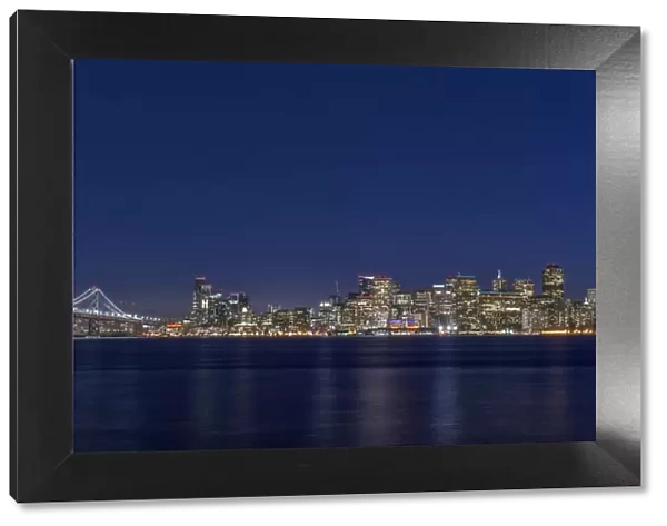USA, CA, San Francisco, Bay Bridge & Downtown Skyline at Twilight