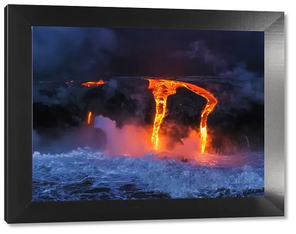 Lava flow entering the ocean at dawn, Hawaii Volcanoes National Park, The Big Island
