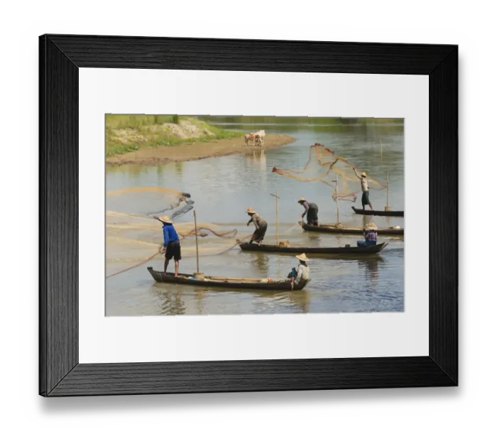 Framed Print : Fishermen fishing on the river, Bago, Bago Region, Myanmar Framed Print : Fishermen fishing on the river, Bago, Bago Region, Myanmar