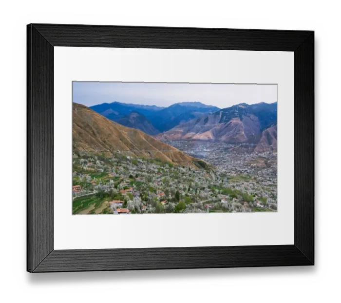 Framed Print : Tibetan village houses with farmland and pear tree blossoms in the valley, Jinchuan Framed Print : Tibetan village houses with farmland and pear tree blossoms in the valley, Jinchuan