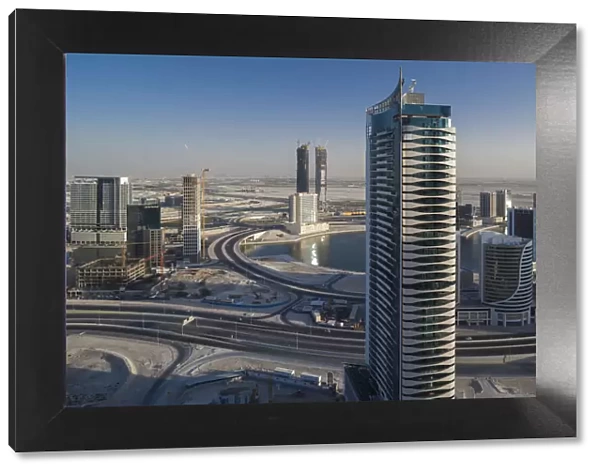 UAE, Dubai, Downtown Dubai, elevated view of the edge of Downtown area towards Ras