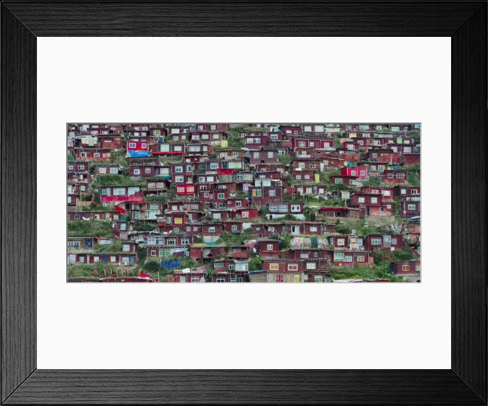 Framed Print : Red log cabins lived by nuns and monks covering the mountain side, Seda Larung Wuming Framed Print : Red log cabins lived by nuns and monks covering the mountain side, Seda Larung Wuming