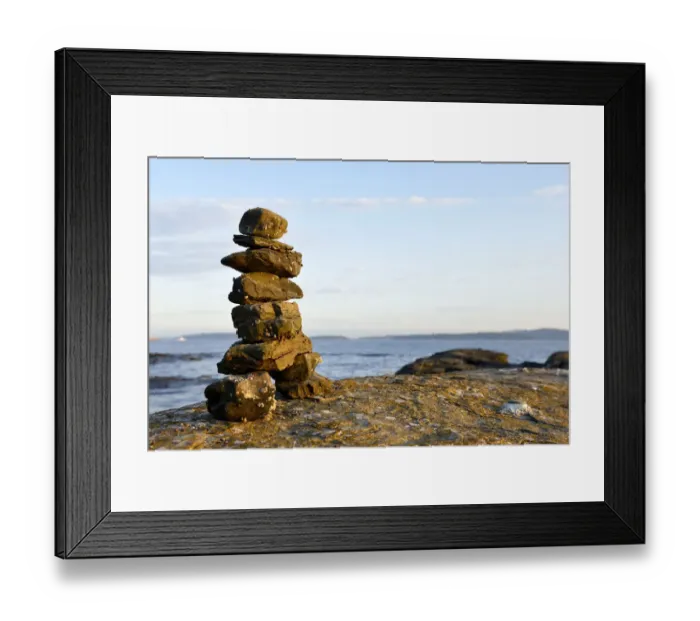 Framed Print : Canada, British Columbia, Russell Island. Rock inukshuk in front of Salt Spring Island