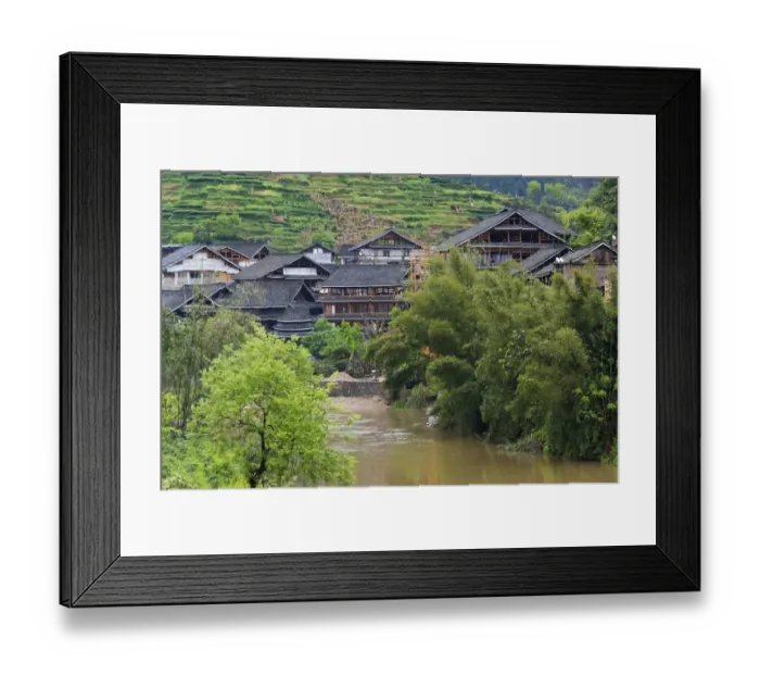 Framed Print : Village with river, Chengyang, Sanjiang, Guangxi Province, China Framed Print : Village with river, Chengyang, Sanjiang, Guangxi Province, China