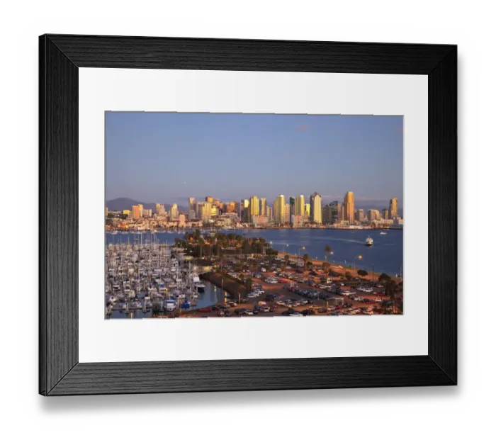 Framed Print : Aerial View of San Diego Skyline, Harbor Island Boats in the foreground, California Framed Print : Aerial View of San Diego Skyline, Harbor Island Boats in the foreground, California