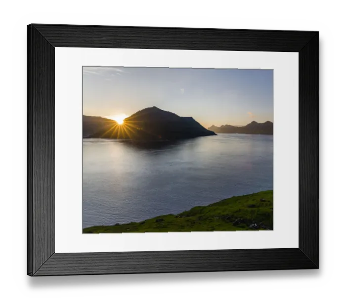 Framed Print : Fjord Fuglafjordur and Leirviksfjordur at sunset, in the background the mountains Framed Print : Fjord Fuglafjordur and Leirviksfjordur at sunset, in the background the mountains