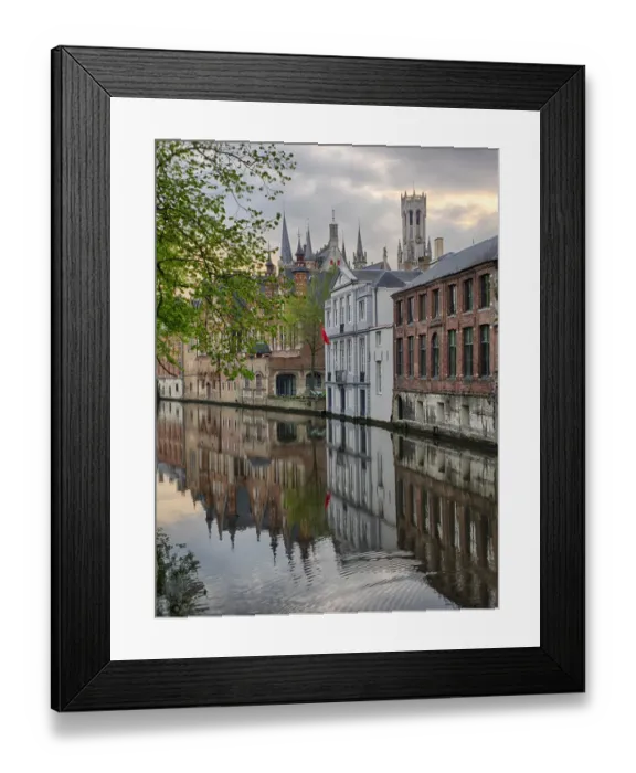 Framed Print : Europe; Belgium; Brugge; West Flanders; Canal Scene with homes and Bridge
