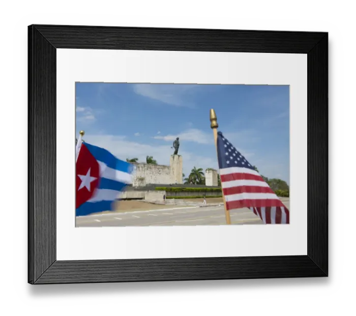 Framed Print : Santa Clara, Cuba memorial to Che Guevara hero of Revolution with USA and Cuba flags