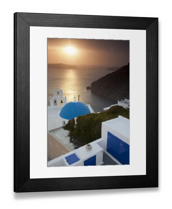 Framed Print : Greece, Santorini, Blue Dome and Bell Tower at Sunset