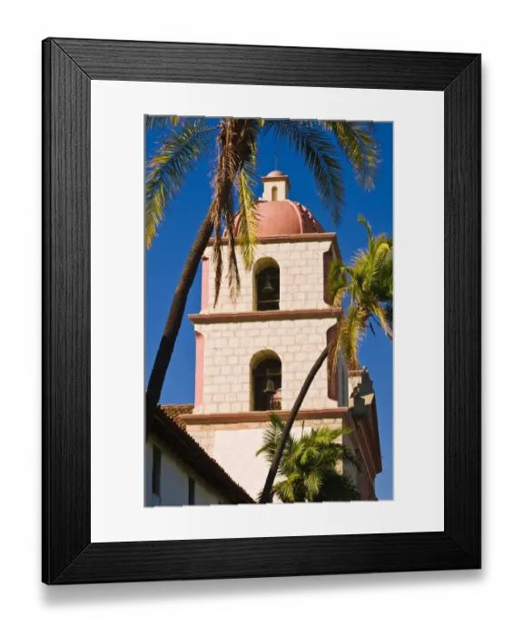 Framed Print : Bell tower and palms at the Santa Barbara Mission (Queen of the missions), Santa Barbara Framed Print : Bell tower and palms at the Santa Barbara Mission (Queen of the missions), Santa Barbara