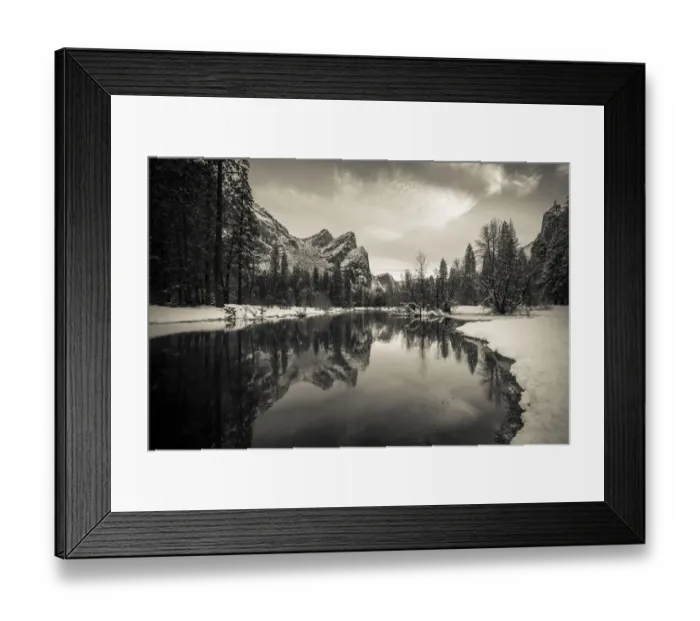 Framed Print : The Three Brothers above the Merced River in winter, Yosemite National Park, California Framed Print : The Three Brothers above the Merced River in winter, Yosemite National Park, California