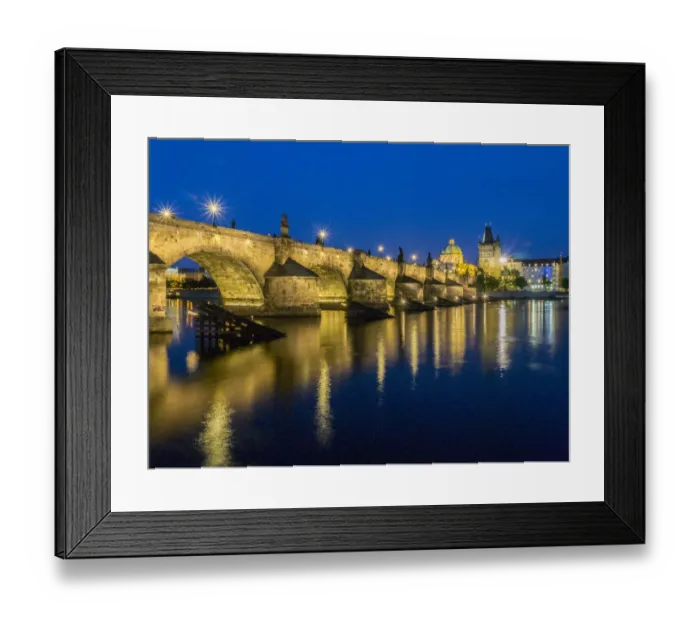 Framed Print : Europe, Czech Republic, Prague. Charles bridge water reflection at night
