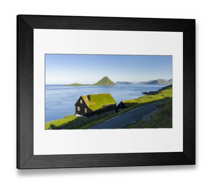 Framed Print : Koltur island at sunrise, the island Vagar in the background, village Velbastadur in the foreground Framed Print : Koltur island at sunrise, the island Vagar in the background, village Velbastadur in the foreground