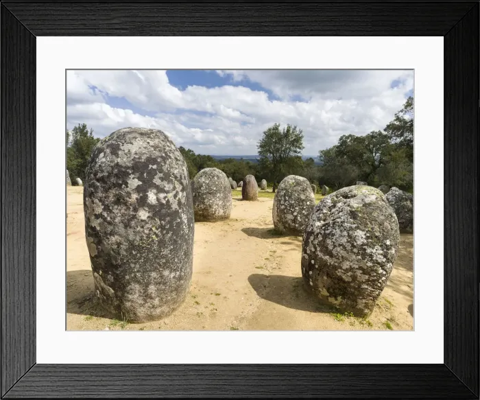 Framed Print : Almendres Cromlech (Cromeleque dos Almendres), an oval stone circle dating back to