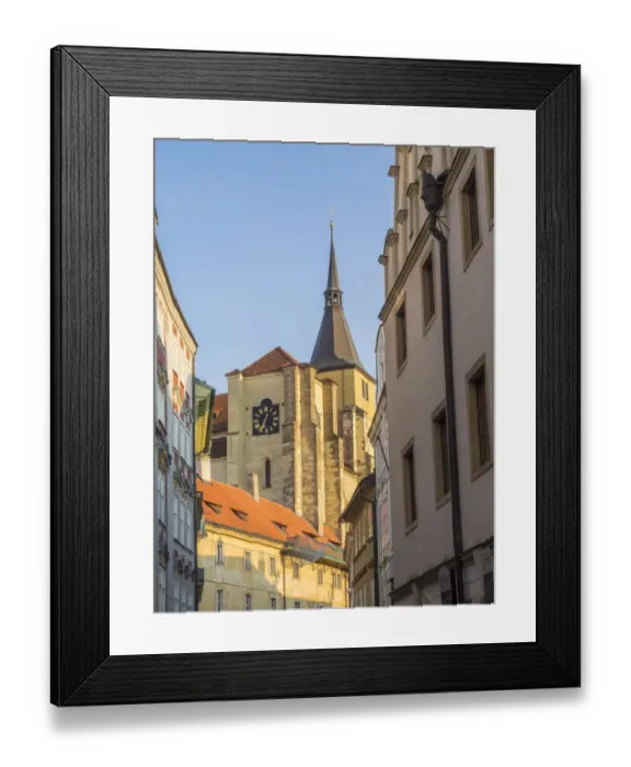 Framed Print : Europe, Czech Republic, Prague. View of steeple and clock in old town Prague