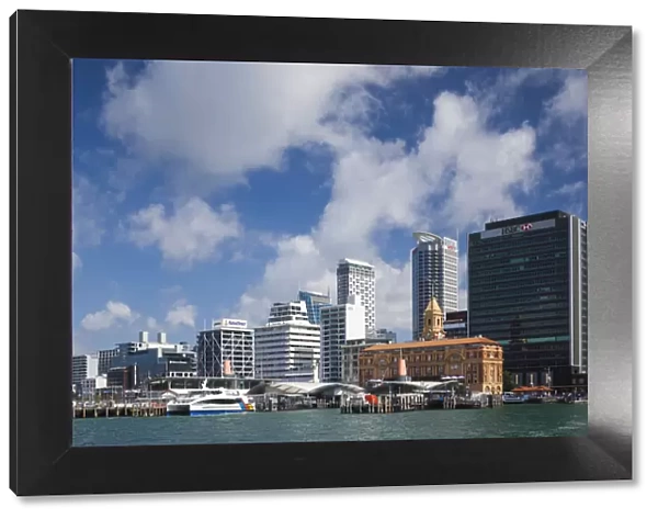 New Zealand, North Island, Auckland, harbor view skyline with Ferry Building