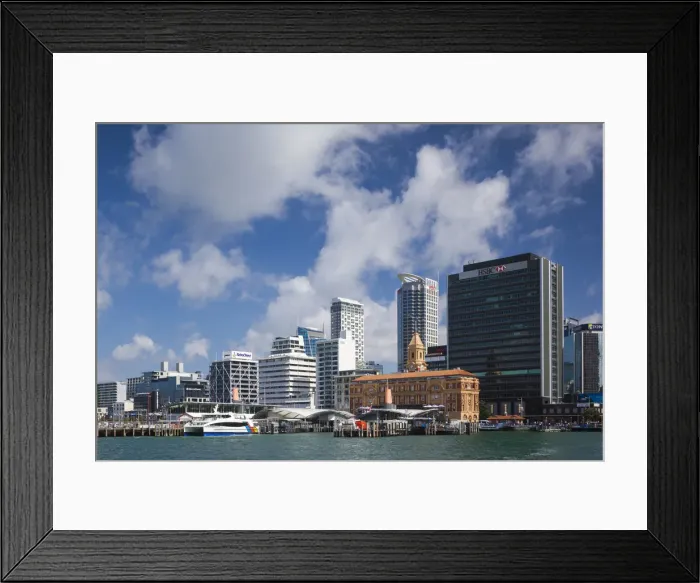 Framed Print : New Zealand, North Island, Auckland, harbor view skyline with Ferry Building