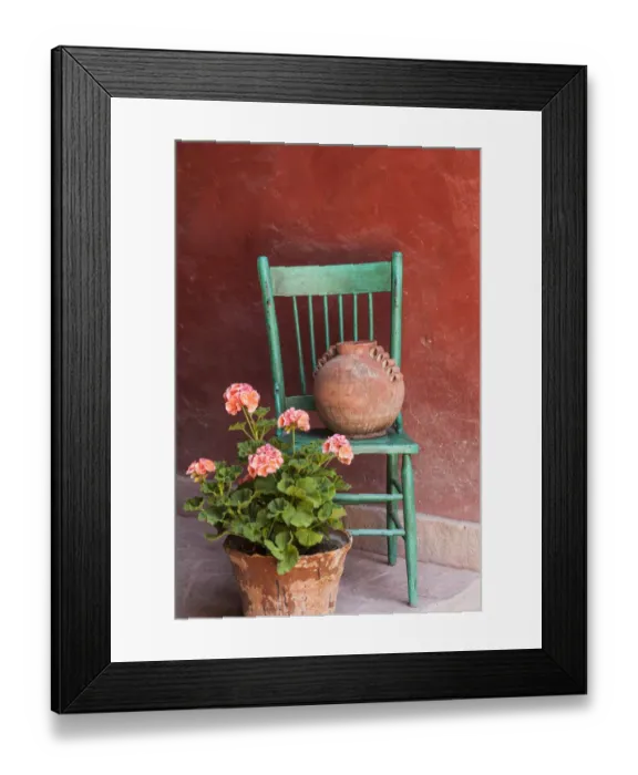 Framed Print : Mexico, San Miguel de Allende. Geraniums, flowerpots and chair decorate an entrance Framed Print : Mexico, San Miguel de Allende. Geraniums, flowerpots and chair decorate an entrance