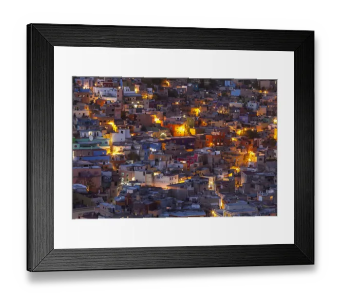 Framed Print : Mexico, Guanajuato. Street lights add ambience to this twilight village scene Framed Print : Mexico, Guanajuato. Street lights add ambience to this twilight village scene