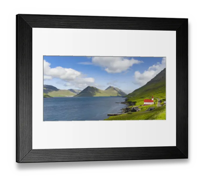 Framed Print : The church in village Husar on Kalsoy, in the background the island of Bordoy and Klaksvik Framed Print : The church in village Husar on Kalsoy, in the background the island of Bordoy and Klaksvik