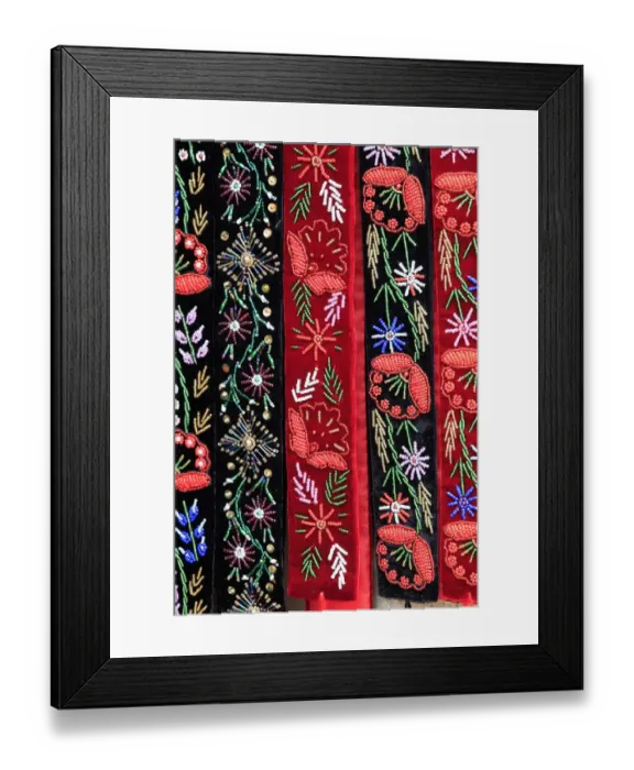 Framed Print : Europe, Romania. Brasov. Traditional stitching and embroidery