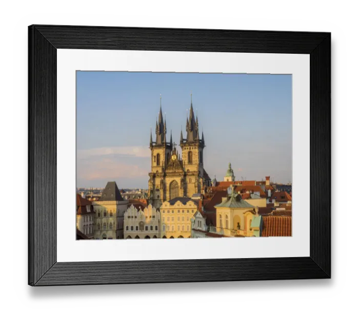 Framed Print : Europe, Czech Republic, Prague. Tyn Church, founded in 1385, dominates one side of Framed Print : Europe, Czech Republic, Prague. Tyn Church, founded in 1385, dominates one side of