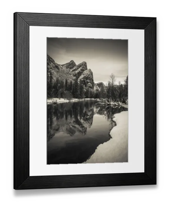 Framed Print : The Three Brothers above the Merced River in winter, Yosemite National Park, California Framed Print : The Three Brothers above the Merced River in winter, Yosemite National Park, California