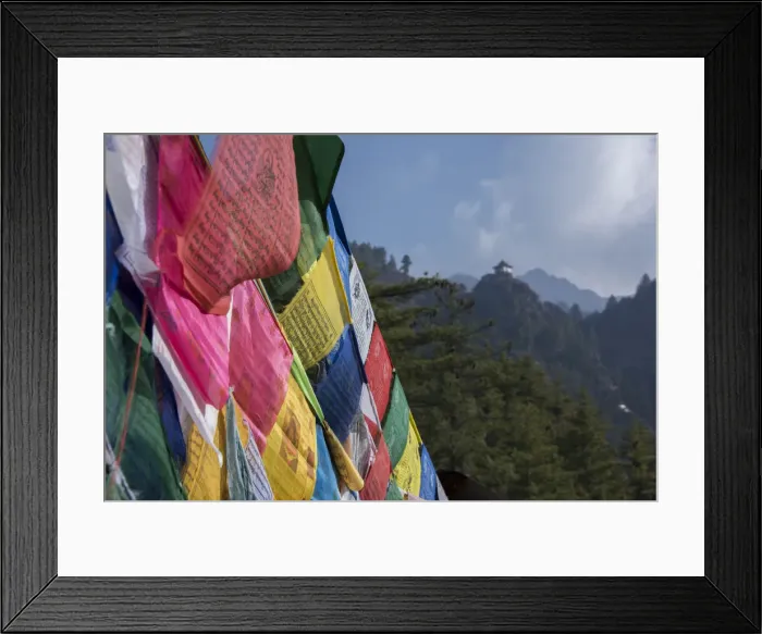 Framed Print : Bhutan, Paro. Colorful prayer flages in front of small outbuilding of the Tigers Nest