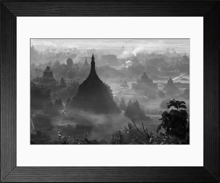 Framed Print : Ancient temples and pagodas in the jungle rising above sunset mist, Mrauk-U, Rakhine State