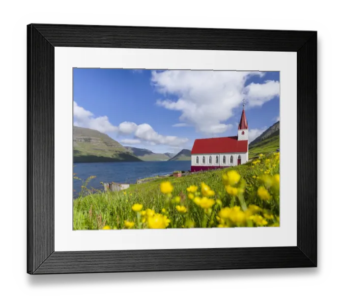 Framed Print : The church in village Husar on Kalsoy, in the background the island of Bordoy and Klaksvik Framed Print : The church in village Husar on Kalsoy, in the background the island of Bordoy and Klaksvik