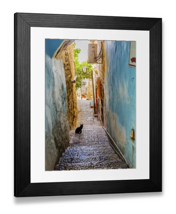 Framed Print : Old Stone Street Alleyway Black Cat Safed Tsefat Israel Many famouse synagogues Framed Print : Old Stone Street Alleyway Black Cat Safed Tsefat Israel Many famouse synagogues
