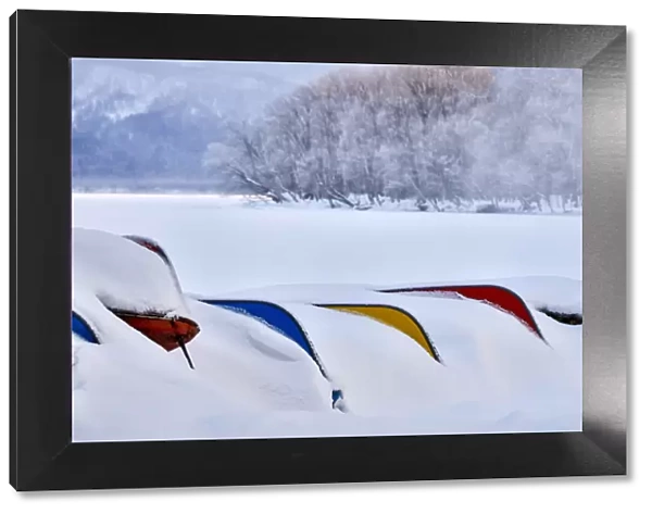 Asia, Japan, Hokkaido, Lake Kussharo, Colorful Canoes in the Snow
