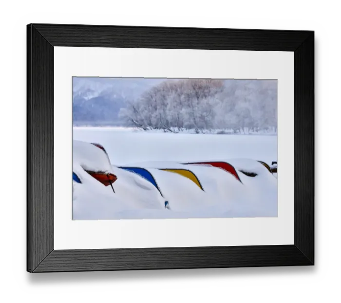 Framed Print : Asia, Japan, Hokkaido, Lake Kussharo, Colorful Canoes in the Snow