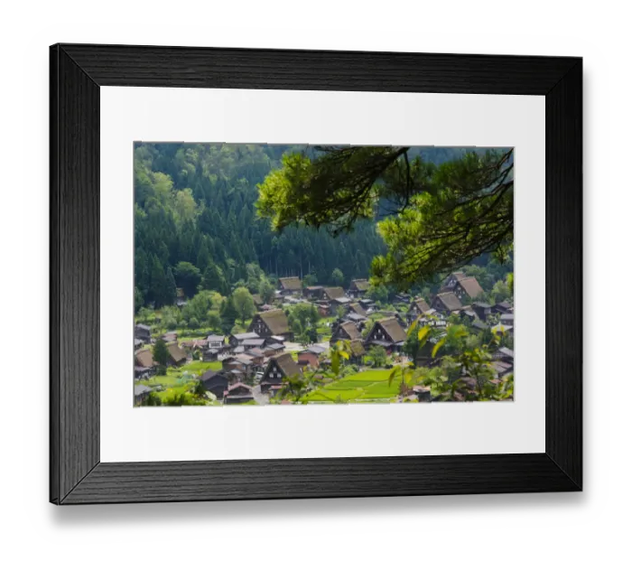 Framed Print : Gassho-zukuri houses and farmland in the mountain, Shirakawa-go, Gifu Prefecture, Japan