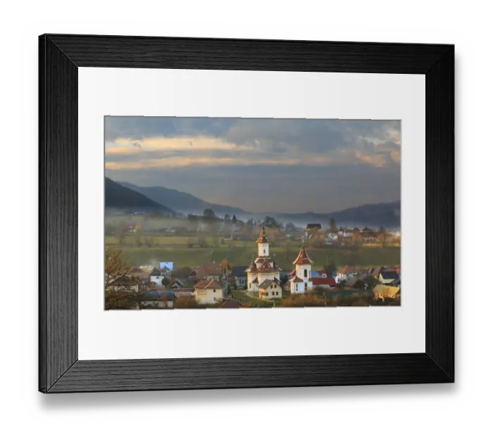 Framed Print : Europe, Romania, Bucovina, Campulung Moldovenesc, Fall colors. Churches in valley Framed Print : Europe, Romania, Bucovina, Campulung Moldovenesc, Fall colors. Churches in valley