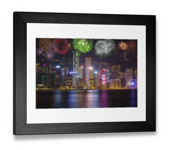 Framed Print : China, Hong Kong. Fireworks over city at night Framed Print : China, Hong Kong. Fireworks over city at night