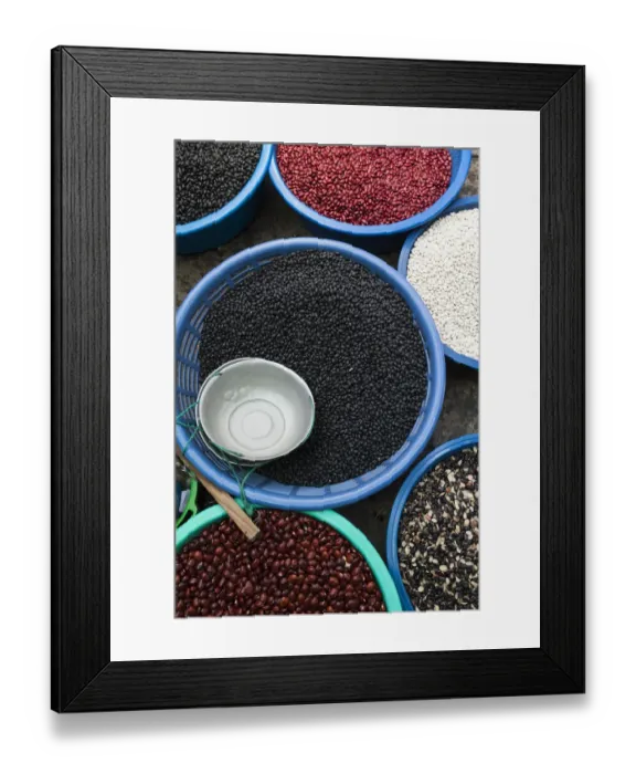 Framed Print : Guatemala. Baskets of dried beans for sale at market Framed Print : Guatemala. Baskets of dried beans for sale at market